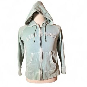 Y2K Life Is Good Womens Zip Up Hoodie Sweatshirt‎ Light Blue Graphic Casual